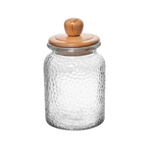 Pote de Vidro Martelado e Tampa Bambu M