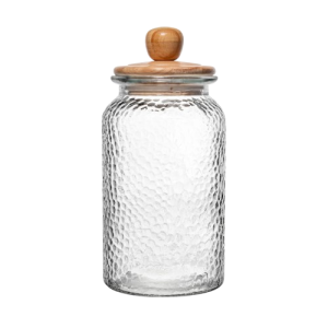 Pote de Vidro Martelado e Tampa Bambu G