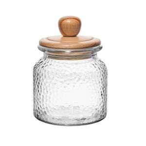 Pote de Vidro Martelado e Tampa Bambu P