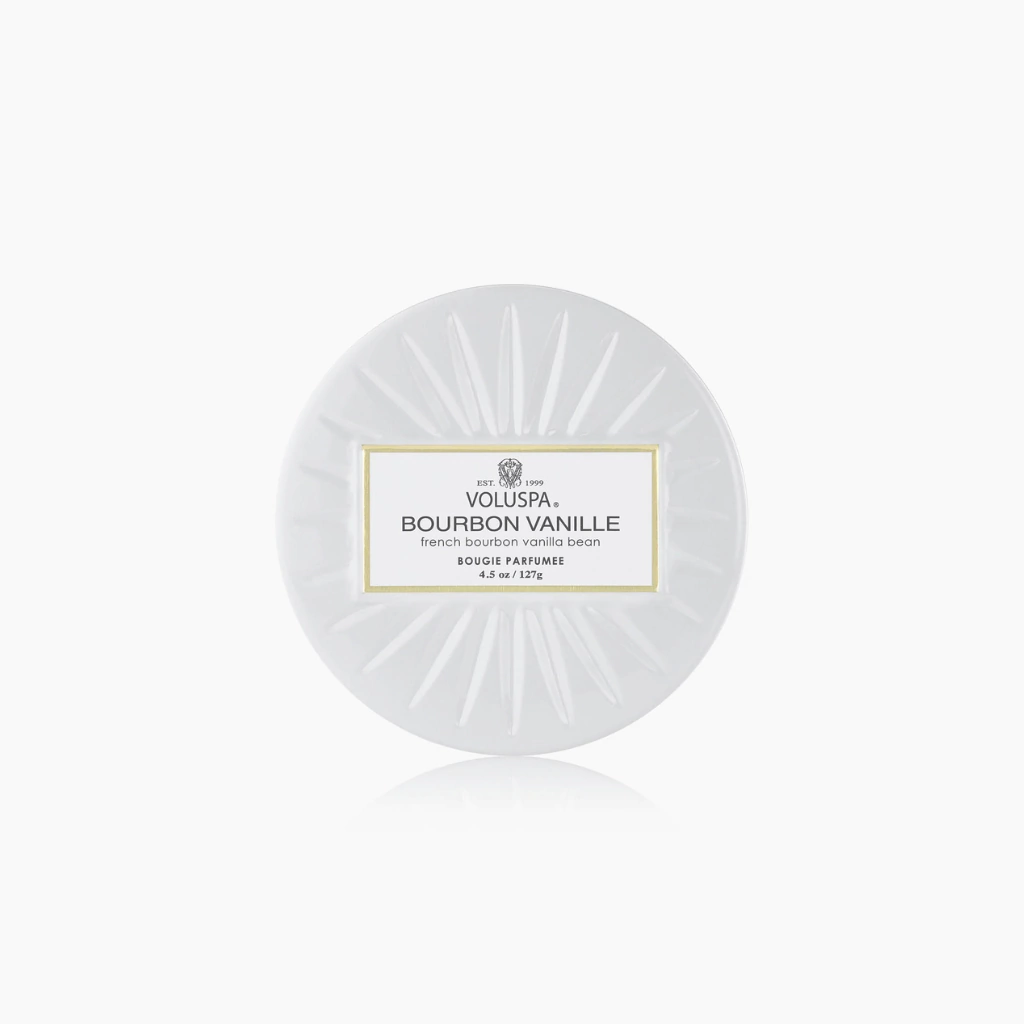 Mini vela Voluspa lata Bourbon Vanille 25H 113g - Imagem 2