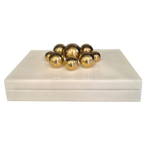Caixa Decorativa em Madeira Laqueada Branca com Esferas Douradas M