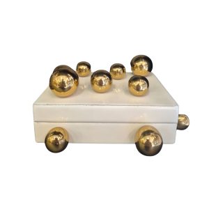 Caixa Decorativa em Madeira Laqueada Branca com Esferas Douradas P