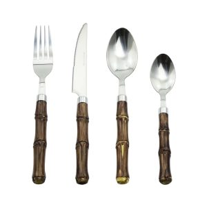 Conjunto 24 Talheres Em Metal  e Cabo tipo Bambo