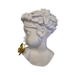Escultura Decorativa Em Resina Busto Menina Borboleta Dourada