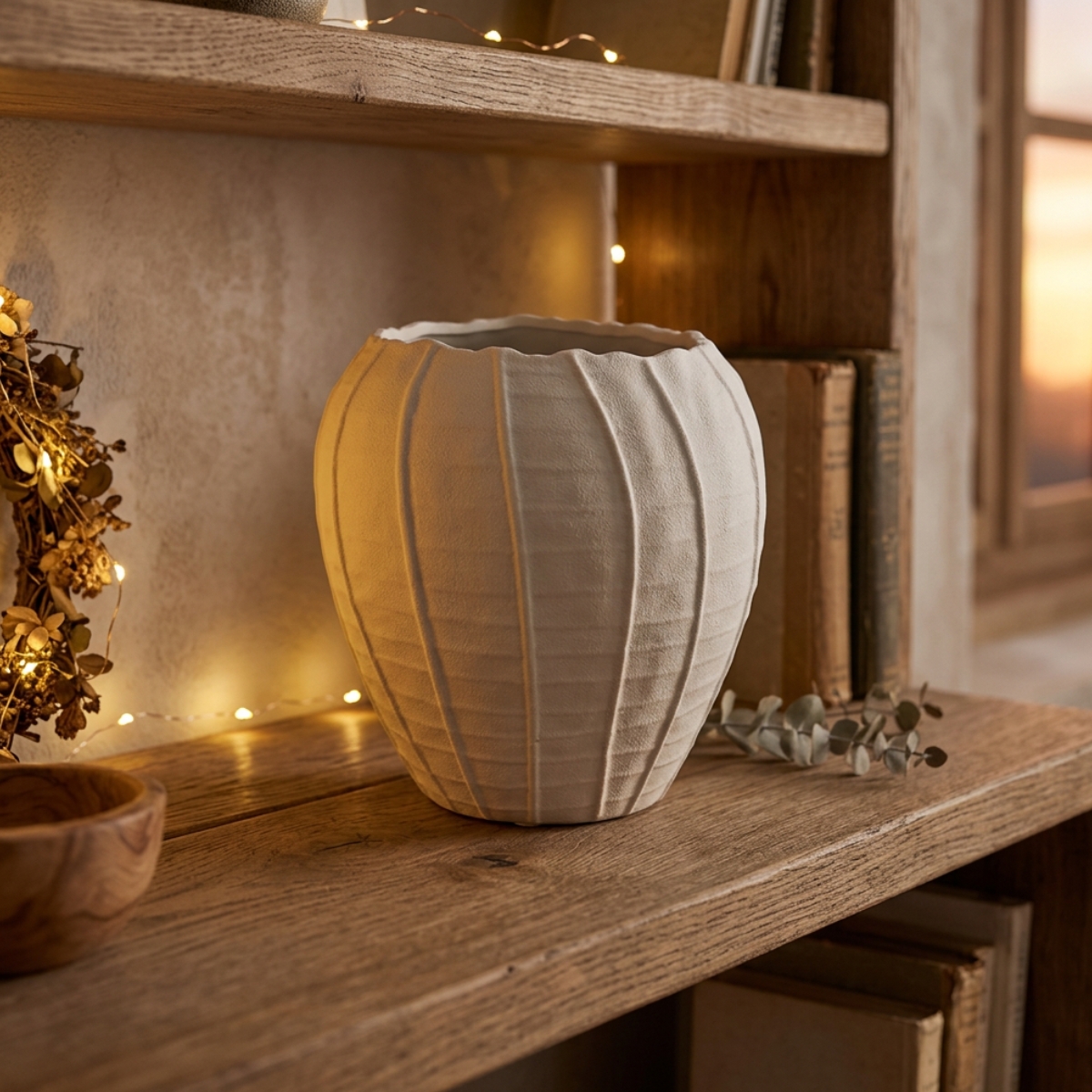 Vaso Decorativo em Cerâmica Com Relevos Orgânicos Off White M - Imagem 3