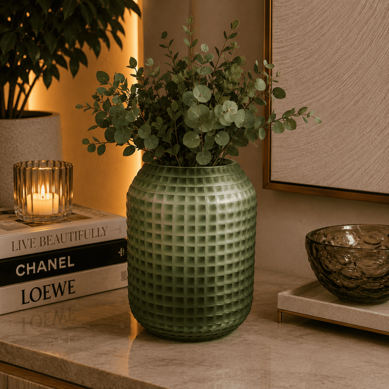 Vaso Decorativo em Vidro Com Relevo Quadriculado Verde - Imagem 3