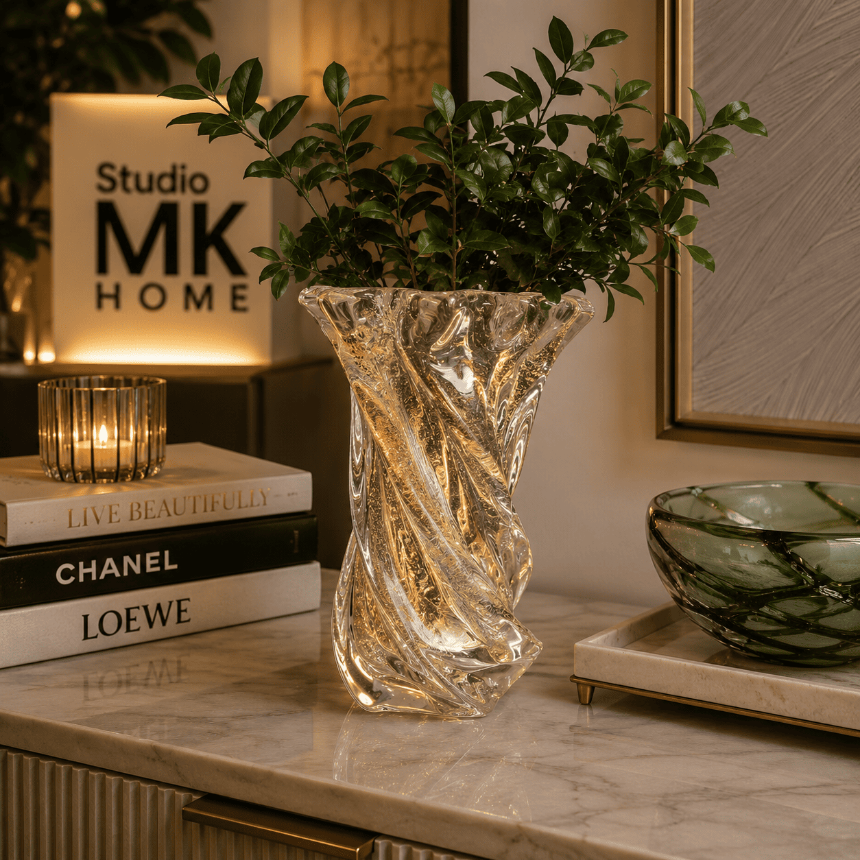 Vaso Decorativo Incolor com Pó de Ouro em Murano - M - Imagem 4