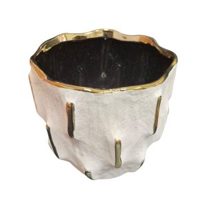 Vaso Decorativo em Cerâmica Bege Com Detalhes Dourados P