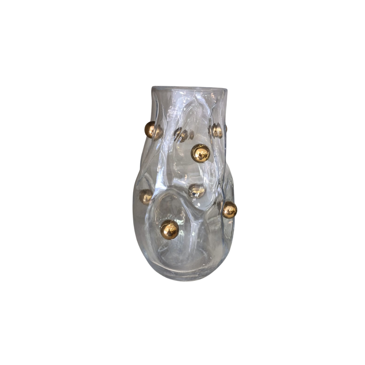 Vaso Decorativo em Vidro Incolor Orgânico com Esferas Douradas