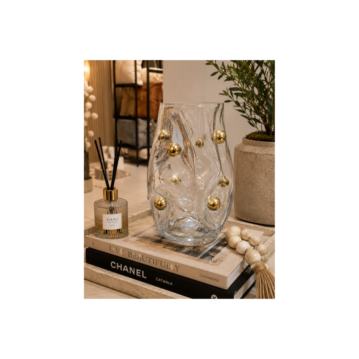 Vaso Decorativo em Vidro Incolor Orgânico com Esferas Douradas - Imagem 3