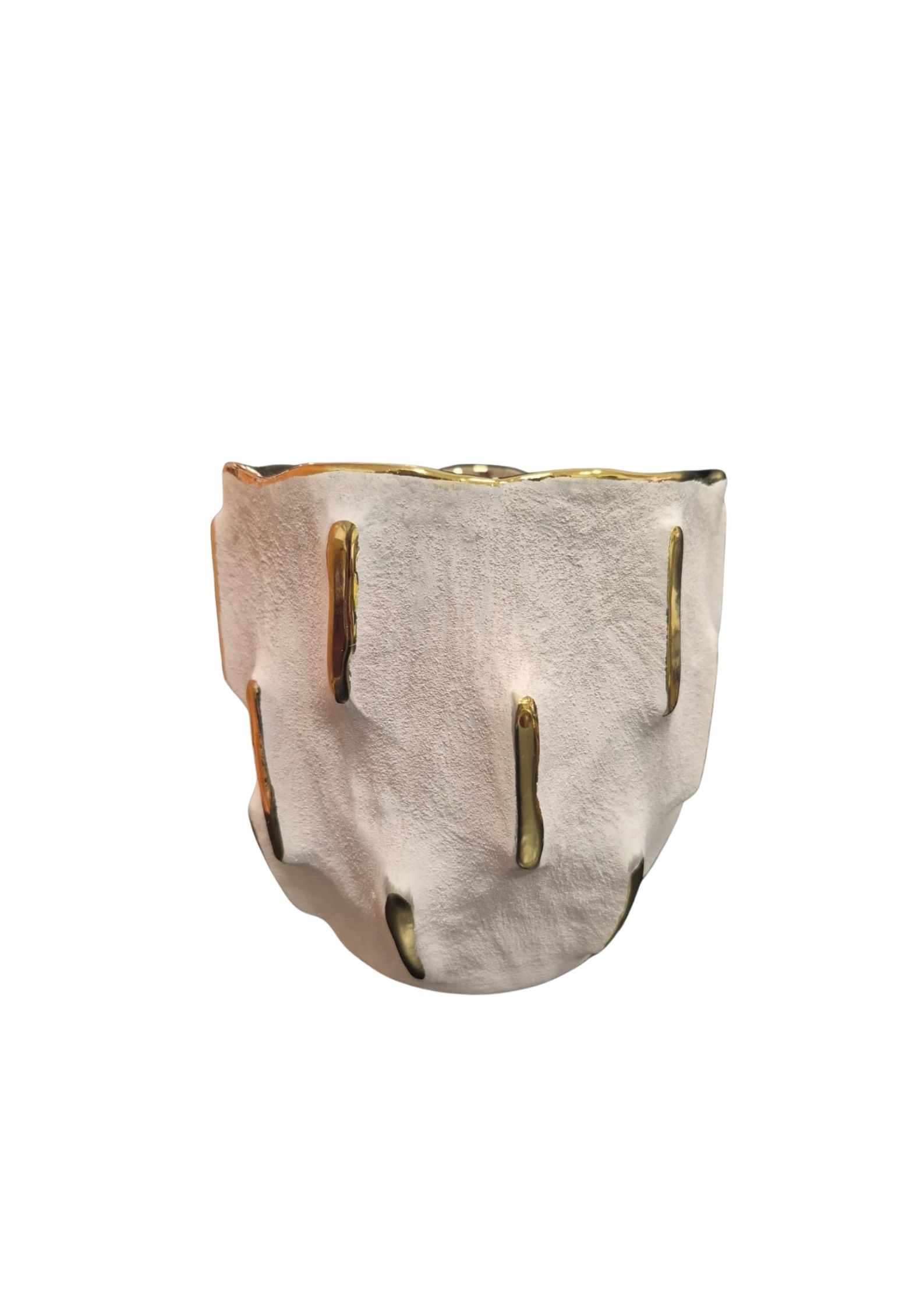 Vaso Decorativo em Cerâmica Bege Com Detalhes Dourados P - Imagem 2
