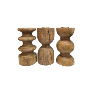 Conjunto 3 Porta-Velas Em Madeira e Metal Dourado